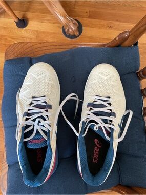 ASICS Men’s Cream and Navy Tennis Shoes with Red Accent